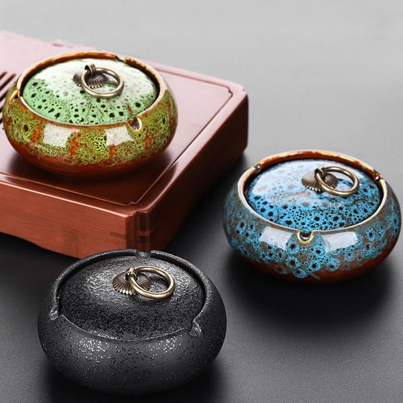 AZOFIA Handmade Ceramic Ashtray with Lids, Exquisite Pattern Ash Holder for Patio Desktop Office Smokers, Ash Tray for Indoor Tabletop Home Office Decor (Mix Green, M-Size) - Image 5
